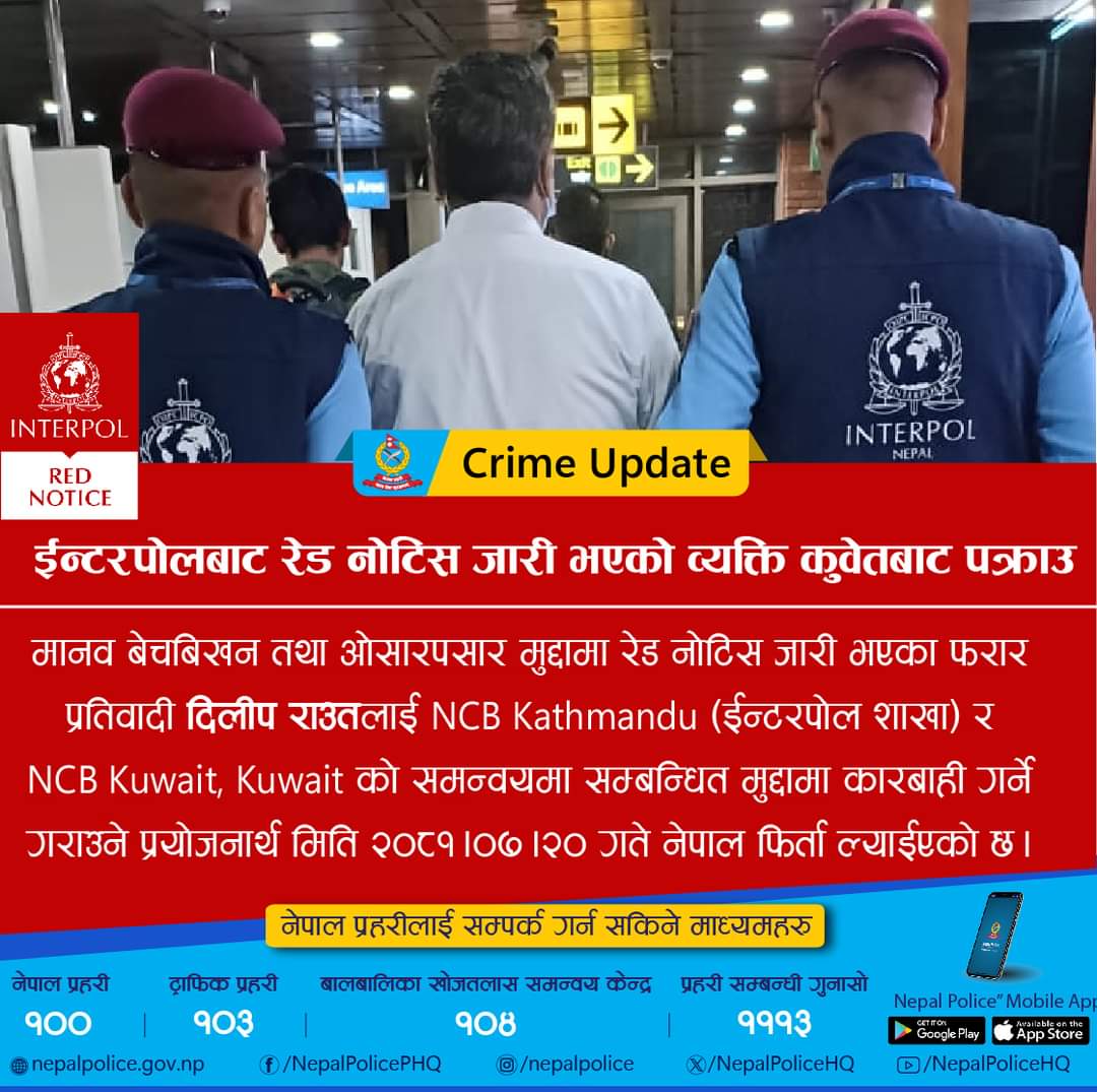 रेड नोटिस जारी भएका फरार दिलीप राउतलाई कुवेतबाट पक्राउ गरेर काठमाडौं ल्याइयो