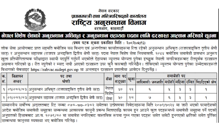 राष्ट्रिय अनुसन्धान विभागले अनुसन्धान अधिकृत र अनुसन्धान सहायक पदका लागि दरखास्त आह्वान