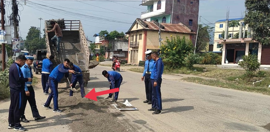 वीरेन्द्रनगरमा ट्राफिक प्रहरी आफैले सडक मर्मत गरे